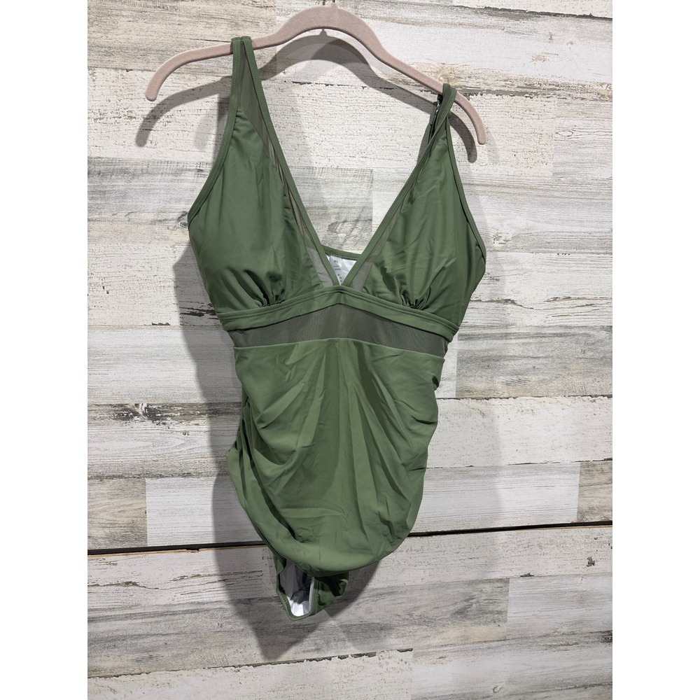 One Piece Swimsuit Women XL Olive Green Mesh Ruched Plunge EUC